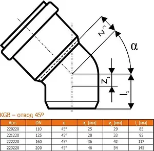 Отвод наружный D=110мм Угол 45° Ostendorf KGB 220220 Отвод наружный D=110мм Угол 45° Ostendorf KGB 220220, 2
