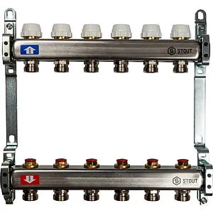 Группа коллекторная без расходомеров 6 отводов 1"в/в x ¾"ек Stout SMS 0922 000006 Группа коллекторная без расходомеров 6 отводов 1"в/в x ¾"ек Stout SMS 0922 000006, 1