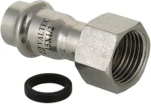 Муфта пресс переходная с накидной гайкой 28мм x ¾"нг Valtec VT.INOX-PRESS VTi.908.I.002805 Муфта пресс переходная с накидной гайкой 28мм x ¾"нг Valtec VT.INOX-PRESS VTi.908.I.002805, 1