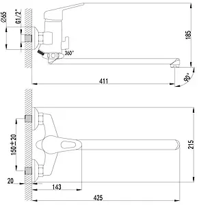 Смеситель для ванны с длинным изливом Lemark Luna хром LM4151C Смеситель для ванны с длинным изливом Lemark Luna хром LM4151C, 2