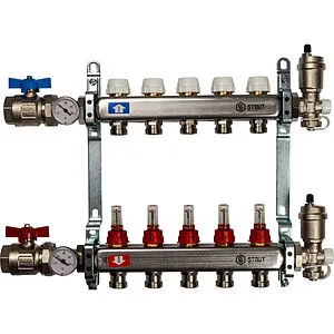 Группа коллекторная с расходомерами 5 отводов 1"в/в x ¾"ек Stout SMS 0907 000005 Группа коллекторная с расходомерами 5 отводов 1"в/в x ¾"ек Stout SMS 0907 000005, 1