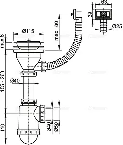 Сифон бутылочный для мойки с переливом AlcaPlast A447-DN50/40 Сифон бутылочный для мойки с переливом AlcaPlast A447-DN50/40, 2