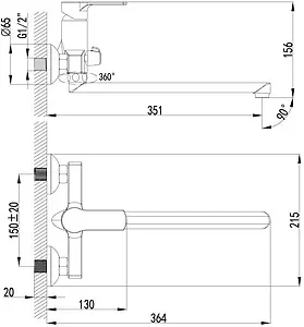 Смеситель для ванны с длинным изливом Lemark plus Grace хром LM1551C Смеситель для ванны с длинным изливом Lemark plus Grace хром LM1551C, 2