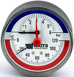 Термоманометр аксиальный Watts F+R818 80мм 6 бар 120°С ½" 10018742 Термоманометр аксиальный Watts F+R818 80мм 6 бар 120°С ½" 10018742, 1