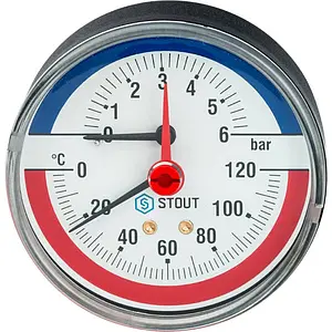 Термоманометр аксиальный Stout 80мм 6 бар 120°С ½" SIM-0005-800615 Термоманометр аксиальный Stout 80мм 6 бар 120°С ½" SIM-0005-800615, 1