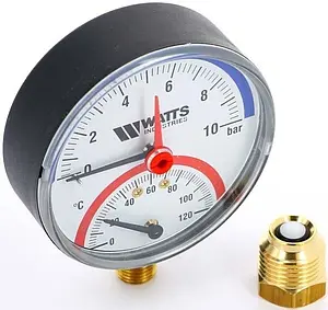 Термоманометр радиальный Watts F+R828 80мм 10 бар 120°С ½" 10025525 Термоманометр радиальный Watts F+R828 80мм 10 бар 120°С ½" 10025525, 1