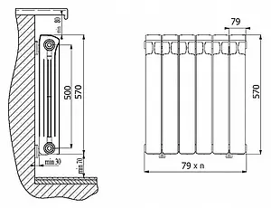 Радиатор биметаллический 6 секций Rifar Base 500 RB50006 Радиатор биметаллический 6 секций Rifar Base 500 RB50006, 3