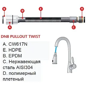 Шланг для смесителя для кухни вытяжной Tucai PULLOUT TWIST 1.5м x ½"в x М15x1 205888 Шланг для смесителя для кухни вытяжной Tucai PULLOUT TWIST 1.5м x ½"в x М15x1 205888, 2