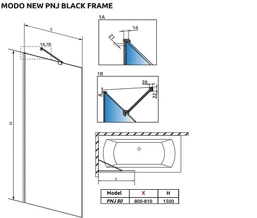 Шторка на ванну 800мм прозрачное стекло Radaway Modo PNJ Black 80 Frame 10006080-54-56