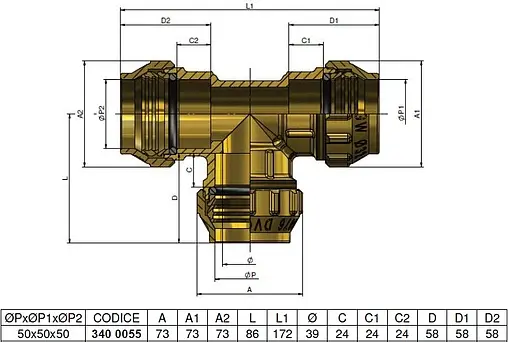 Тройник компрессионный соединительный 50мм x 50мм x 50мм Tiemme 3400055