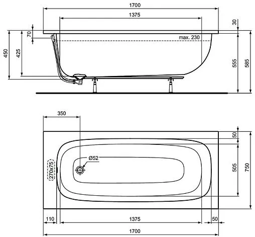 Ванна акриловая Ideal Standard i.life 170х75 T476001