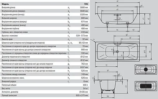 Ванна стальная Kaldewei Cayono Duo 180x80 mod. 725 anti-slip белый 272530000001