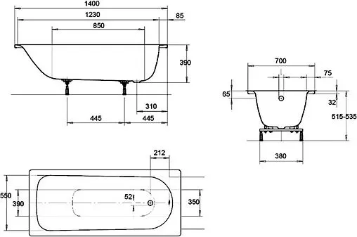 Ванна стальная Kaldewei Eurowa 140x70 mod. 309-1 белый 119512030001