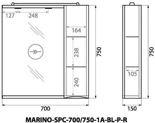 Шкаф-зеркало BelBagno FLY-MARINO 70 R Bianco Lucido MARINO-SPC-700/750-1A-BL-P-R