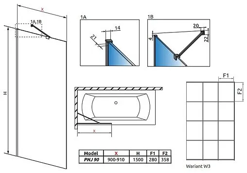 Шторка на ванну 900мм прозрачное стекло Radaway Modo PNJ Black 90 Factory 10006090-54-55