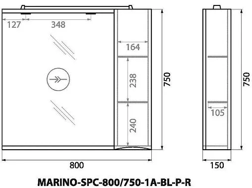 Шкаф-зеркало BelBagno FLY-MARINO 80 R Bianco Lucido MARINO-SPC-800/750-1A-BL-P-R