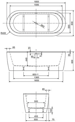 Ванна акриловая отдельностоящая Cezares Slim Central 180x80 белый