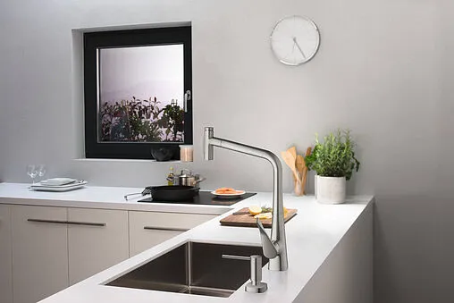 Смеситель для кухни с выдвижным изливом Hansgrohe Metris Select M71 320 2jet sBox под сталь 73816800