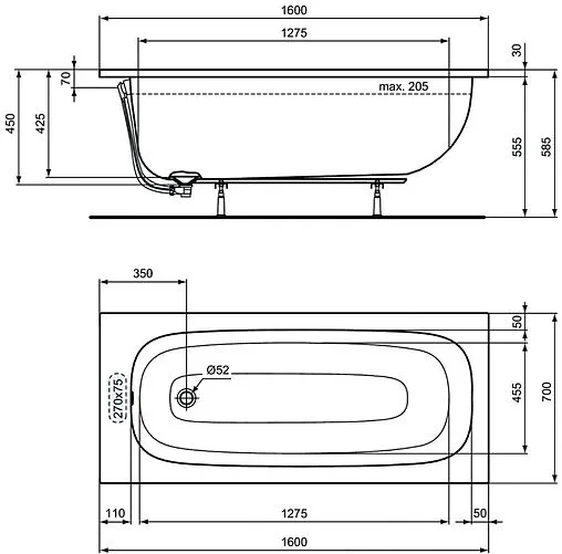 Ванна акриловая Ideal Standard i.life 160х70 T475801