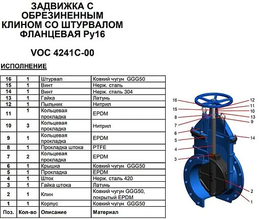 Задвижка с обрезиненным клином фланцевая Ду250 Ру16 Tecofi VOC4241C-00EP0250