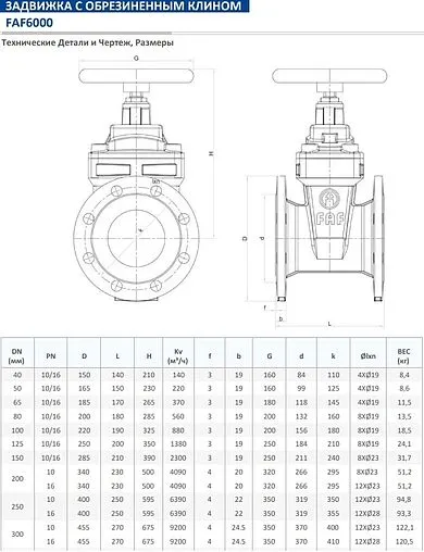 Задвижка с обрезиненным клином фланцевая Ду100 Ру16 FAF Valve 6000100