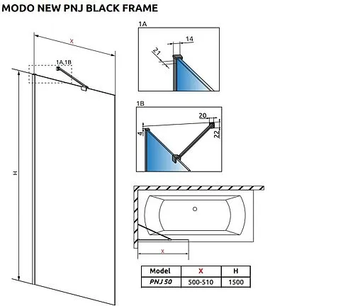 Шторка на ванну 500мм прозрачное стекло Radaway Modo PNJ Black 50 Frame 10006050-54-56