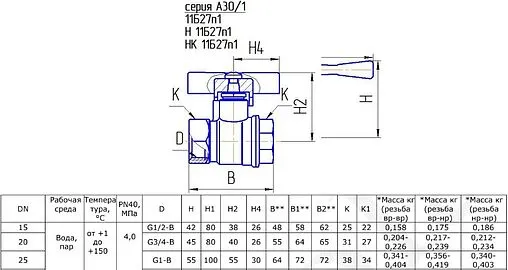 Кран шаровый ½&quot;в x ½&quot;в БАЗ 11б27п1 БАЗ.А30.1.15.40