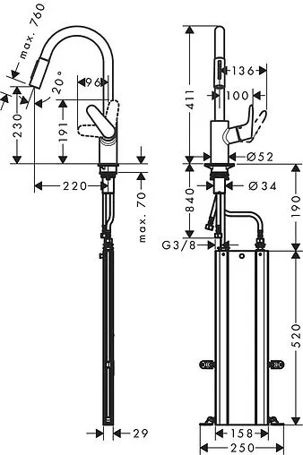 Смеситель для кухни с выдвижным изливом Hansgrohe Focus M41 240 2jet sBox хром 73880000