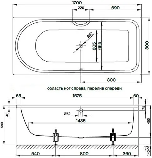 Ванна стальная Bette Ocean 170x80 anti-slip (перелив спереди) белый 8865-000 AR