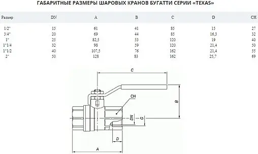 Кран шаровый для газа 2&quot;в x 2&quot;в Bugatti Texas 04510108