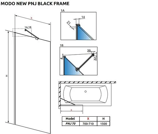 Шторка на ванну 700мм прозрачное стекло Radaway Modo PNJ Black 70 Frame 10006070-54-56