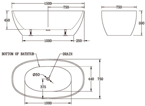 Ванна акриловая отдельностоящая BelBagno 150x75 без перелива  BB81-1500-W0