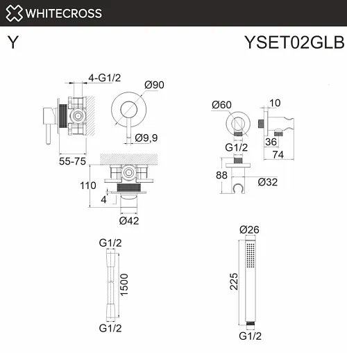 Смеситель для душа скрытого монтажа WHITECROSS Y brushed gold золото брашированное YSET02GLB