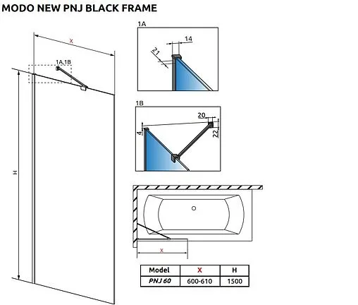 Шторка на ванну 600мм прозрачное стекло Radaway Modo PNJ Black 60 Frame 10006060-54-56