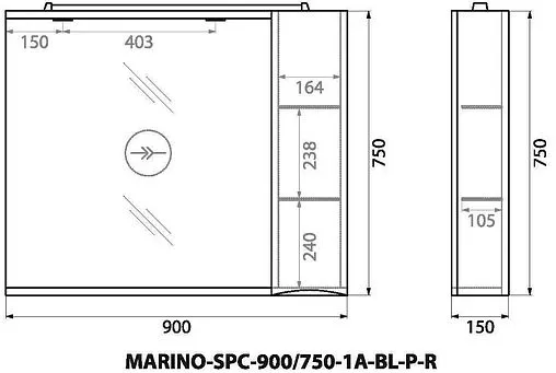 Шкаф-зеркало BelBagno FLY-MARINO 90 R Bianco Lucido MARINO-SPC-900/750-1A-BL-P-R