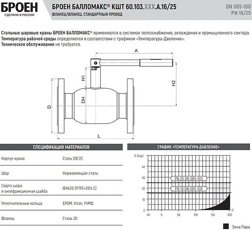 Кран шаровый фланцевый Ду100 Ру16 Broen БАЛЛОМАКС КШТ 60.103.100.А.16