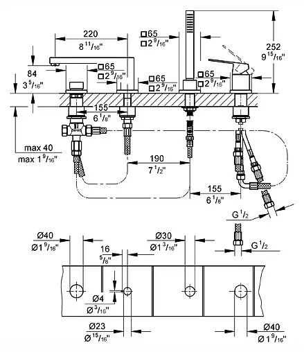 Смеситель на борт ванны на 4 отверстия Grohe Eurocube хром 19897000