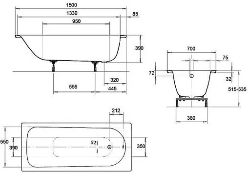 Ванна стальная Kaldewei Eurowa 150x70 mod. 310-1 белый 119612030001