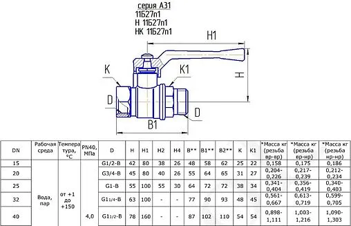 Кран шаровый ¾&quot;в x ¾&quot;н БАЗ 11б27п1 БАЗ.А31.0.20.40