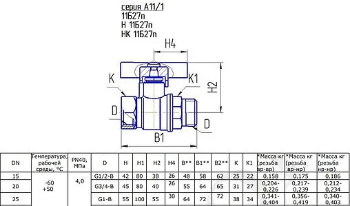 Кран шаровый для газа ¾&quot;в x ¾&quot;н БАЗ 11б27п БАЗ.А11.1.20.40