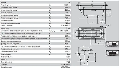 Ванна стальная Kaldewei Cayono 170x75 mod. 750 anti-slip белый 275030000001