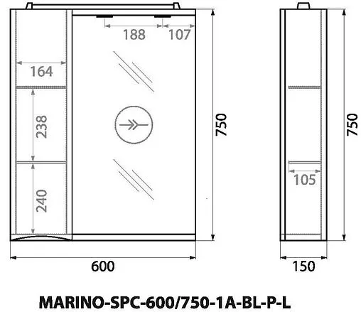 Шкаф-зеркало BelBagno FLY-MARINO 60 L Bianco Lucido MARINO-SPC-600/750-1A-BL-P-L