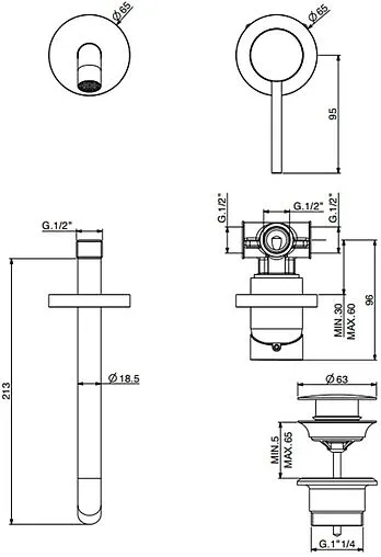 Смеситель для раковины из стены Gattoni Circle Two золото 9137/91SG