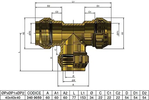 Тройник компрессионный соединительный 40мм x 40мм x 40мм Tiemme 3400050