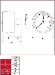 Манометр аксиальный Itap 50мм 6 бар ¼" 483B014R Манометр аксиальный Itap 50мм 6 бар ¼" 483B014R, 2