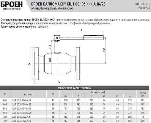 Кран шаровый фланцевый Ду65 Ру16 Broen БАЛЛОМАКС КШТ 60.103.065.А.16