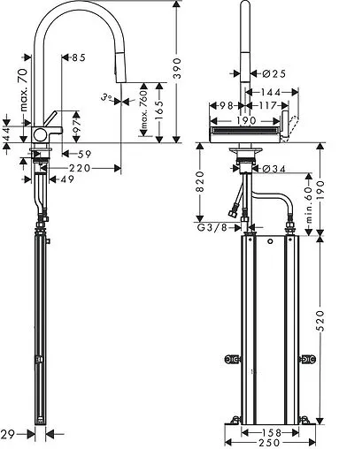 Смеситель для кухни с выдвижным изливом Hansgrohe Aquno Select M81 170 3jet sBox хром 73831000