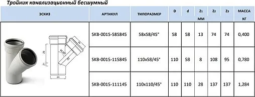 Тройник внутренний бесшумный D=110x58мм Угол 45° Stout SKB-0015-115845