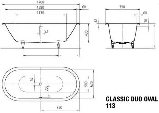 Ванна стальная Kaldewei Classic Duo Oval 170x75 mod. 113 easy-clean белый 291400013001