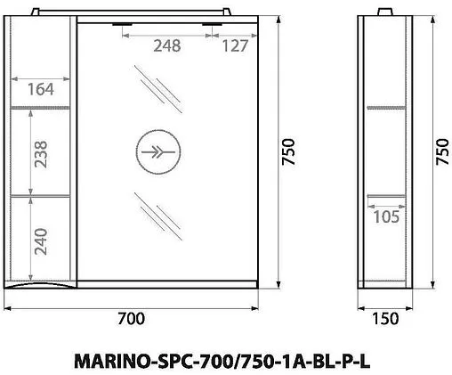 Шкаф-зеркало BelBagno FLY-MARINO 70 L Bianco Lucido MARINO-SPC-700/750-1A-BL-P-L